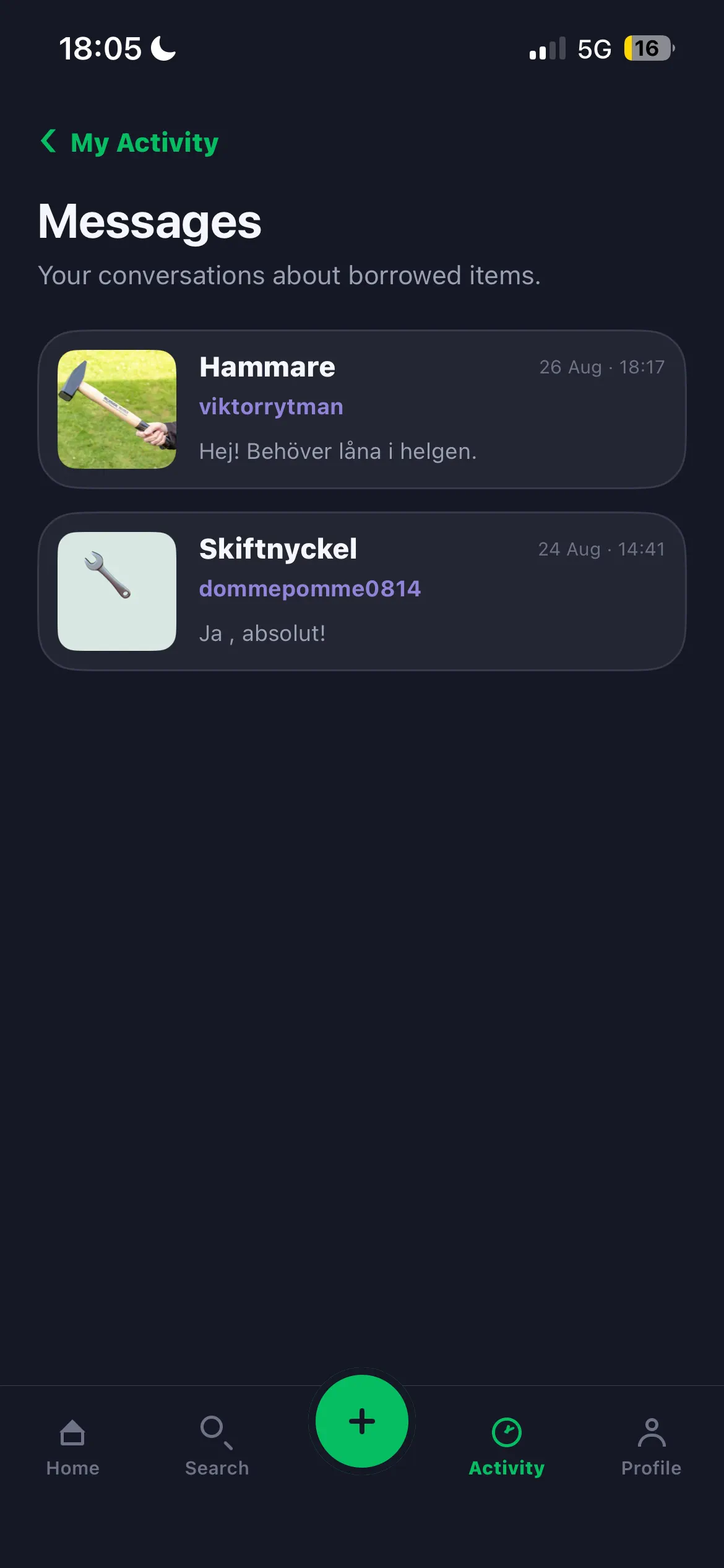 Meddelandevyn i Nabio med konversationer om lånade prylar.